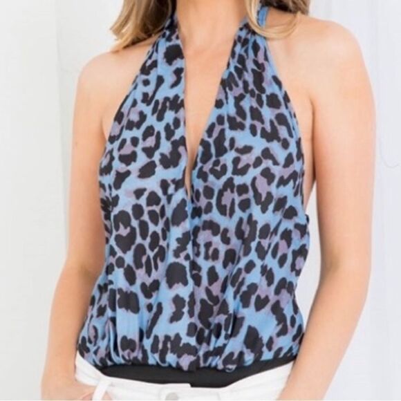 Medium blue black animal print body suit thong halter top - Picture 1 of 2